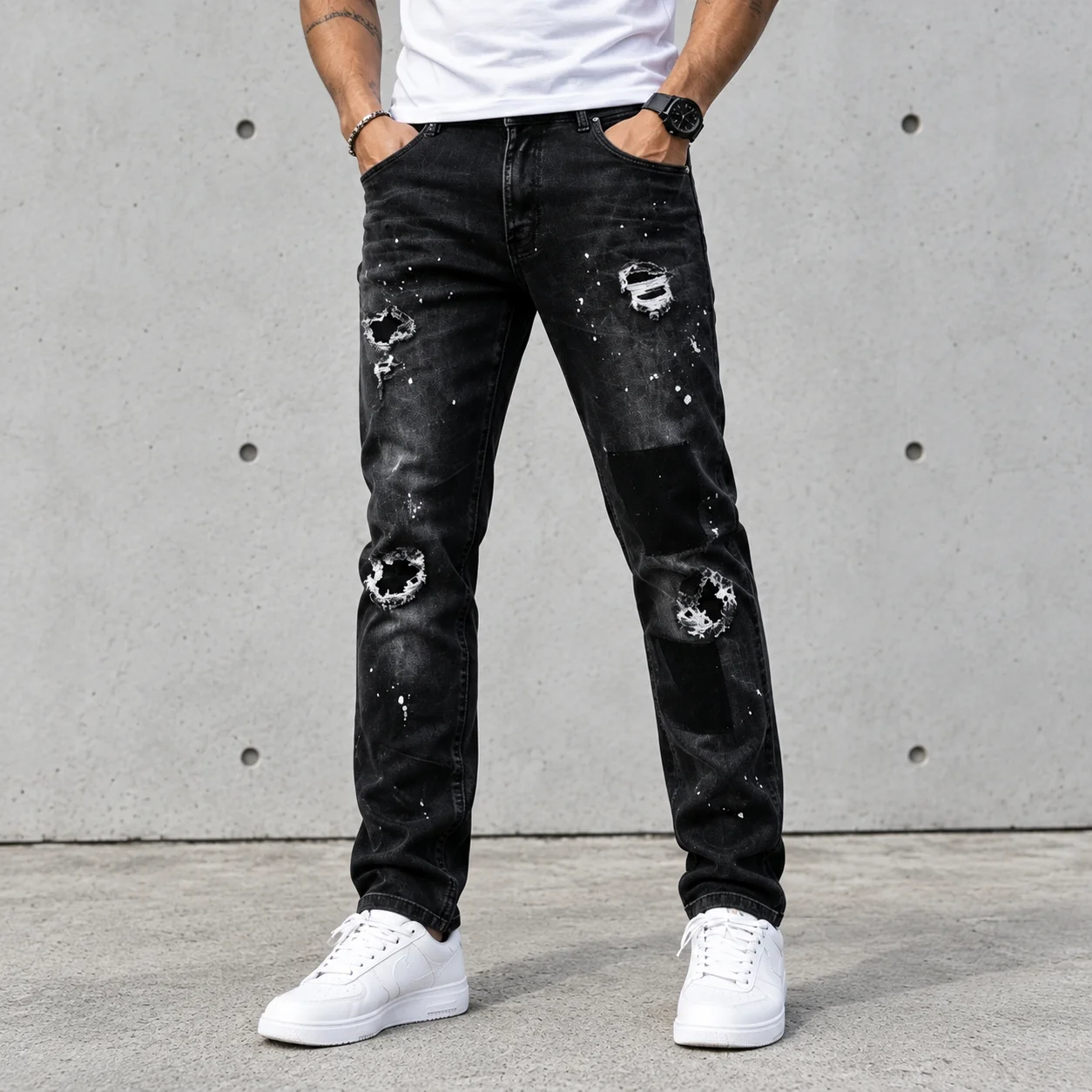 High Stretch Men Vintage Skinny Denim Jeans Distressed Ripped Paint Splatter Patch Street Hip Hop Slim Fit Casual Denim Pants