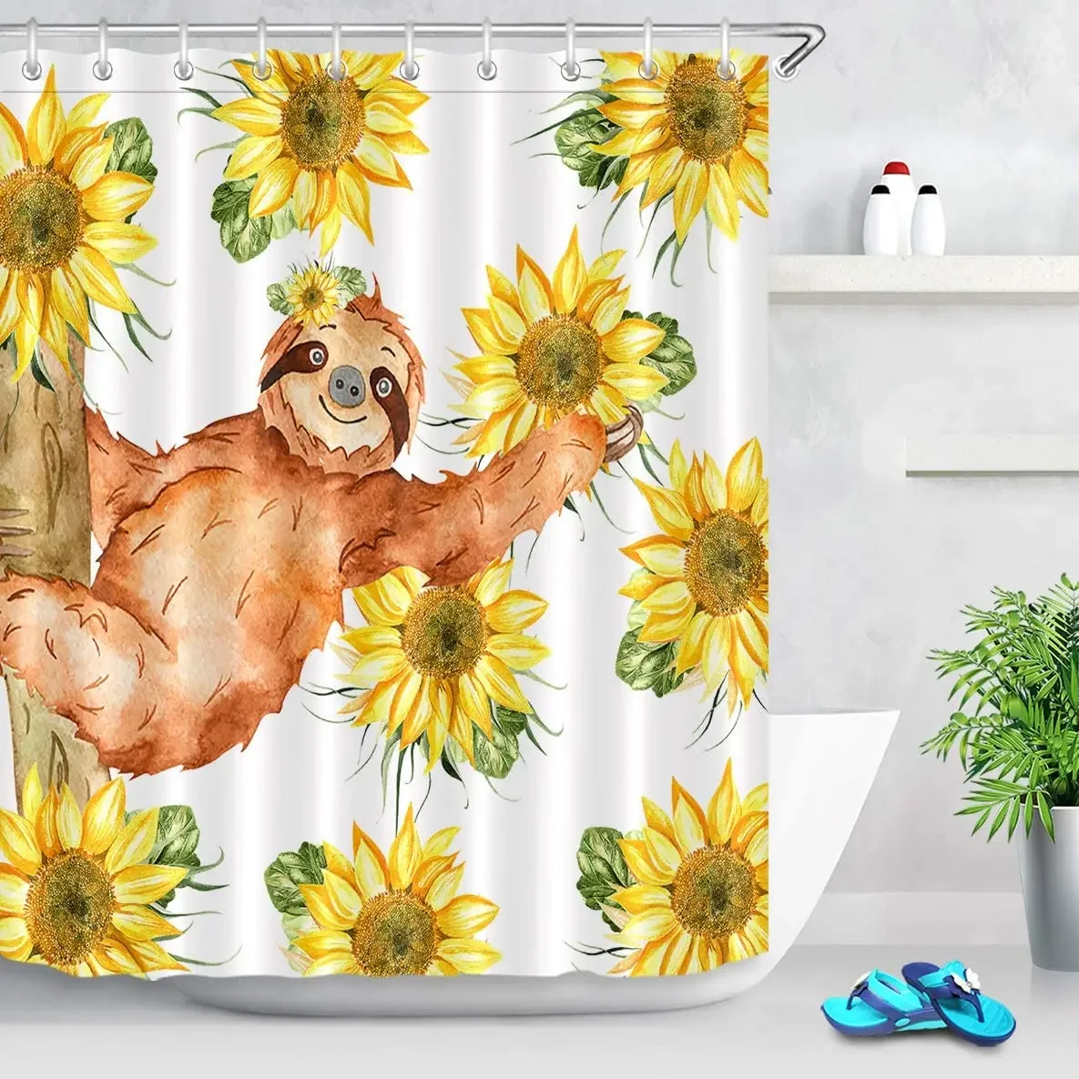 Sunflower By Ho Me Lili Shower Curtain Watercolor Yellow Floral Funny Cute Animal Sloth For Bathroom With Hooks Decorations