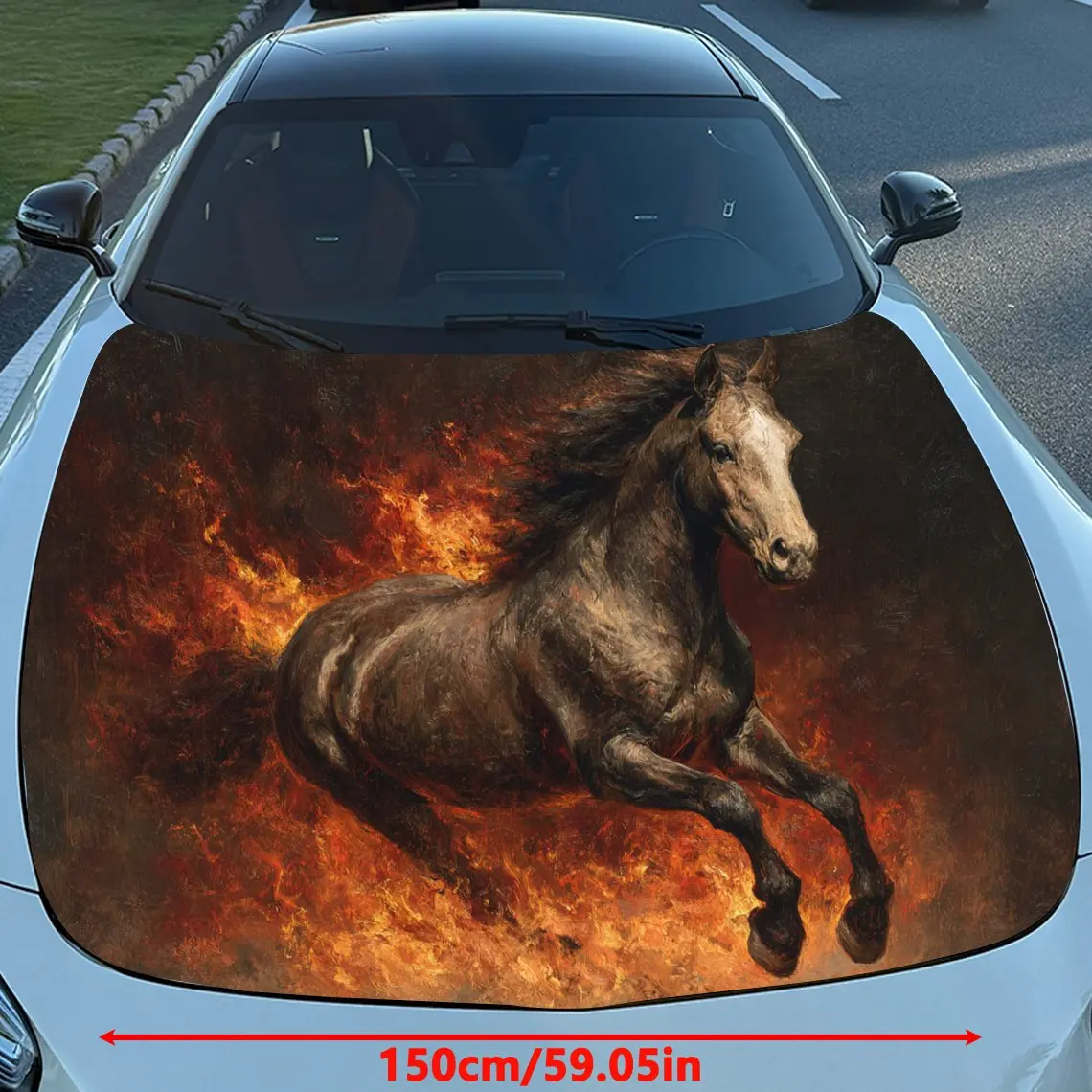 Car Decals Horse with a Dynamic, Flame - Themed Artistic Design, Appearing to Gallop Amidst Fire Car Hood Sticker, Waterproof Se