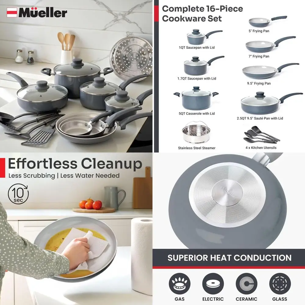 

16-Piece Ceramic Non-Stick Cookware Set: Healthy, Dishwasher Safe, with Frying Pans, Sauce Pan, Steamer, Glass Lids, and Kitchen