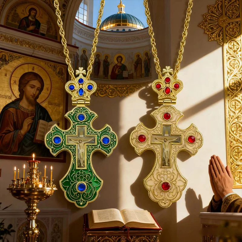 Neue 2026 Luxus-Emaille-Orthodoxe-Kreuz-Halskette mit rotem Kristall & vergoldetem Kruzifix-Ikonen-Schmuck für Priester, Liturgie & Sakramente – Detail 18