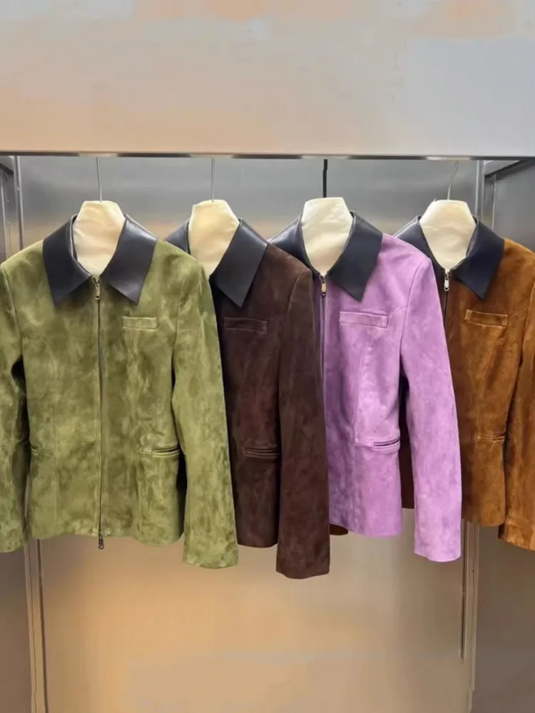 高品質の女性用本革ジャケット、スリムフィット、ジッパー付き、長袖、春用、スプライス加工、ラペル付き、オフィスレディース、スエードシープスキンコート