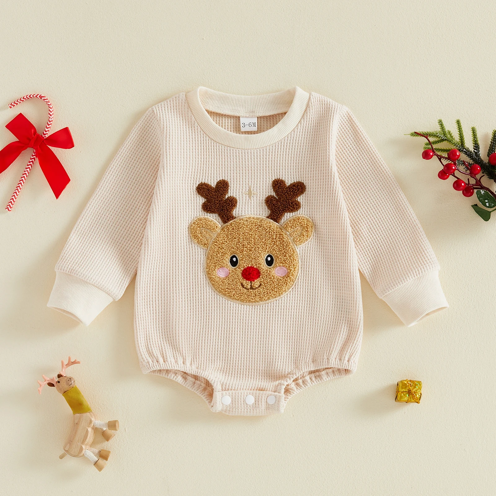 Infant Baby Christmas Romper Reindeer Embroidery Long Sleeve Waffle Jumpsuits Xmas Bodysuits Clothes