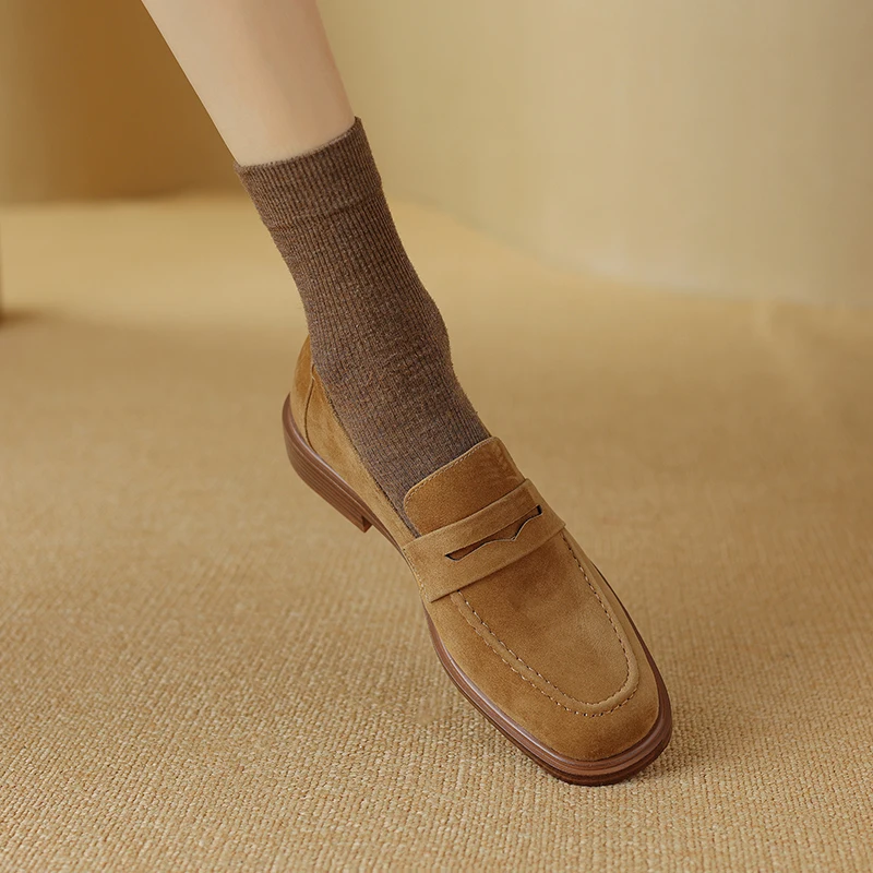 2024 Flats Shoes Size 34-40 Women Suede Real Leather Loafers Casual SpringLow Heels Vintage Office Lady Daily Dress
