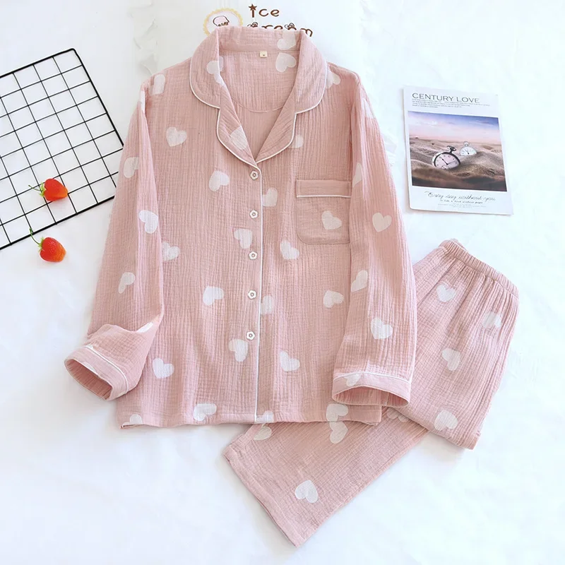 

Japanese spring and summer new ladies pajamas long-sleeved trousers two-piece set 100% cotton crepe love lapel home service suit