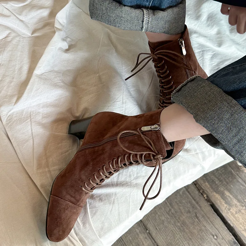 

Arden Furtado Autumn Sheep suede Side zipper Short boots Round toe Cross tied Chunky heels Modern boots Commuter Women's Boots