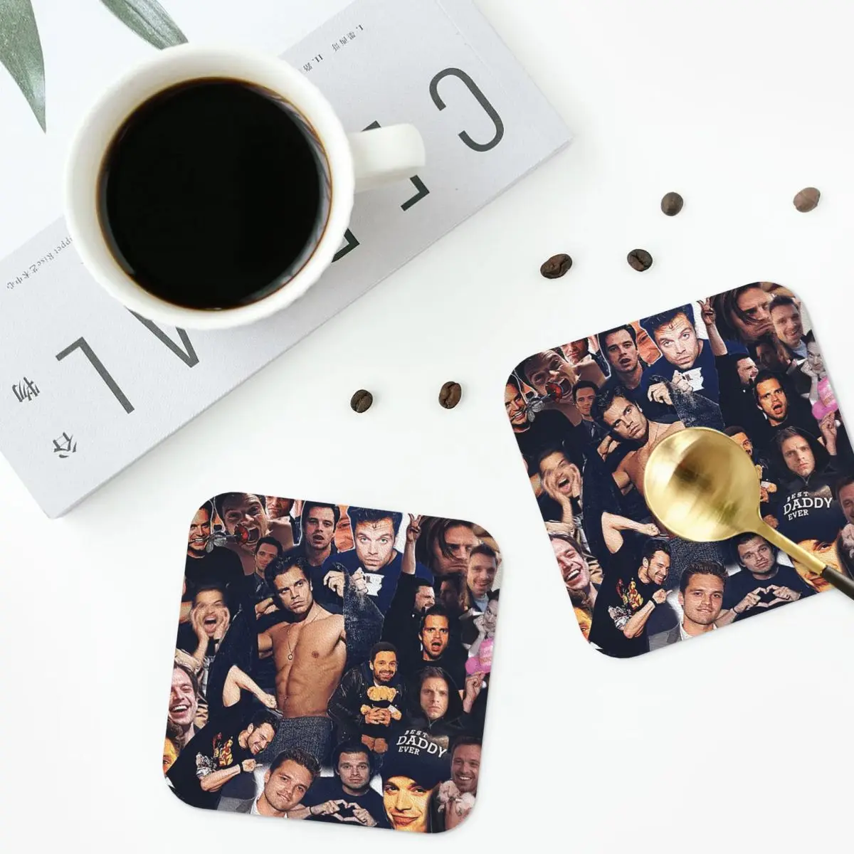 Sebastian Stan (collage Design) Coasters PVC Leather Placemats Waterproof Coffee Mats for Home Kitchen Dining Pads Set of 6