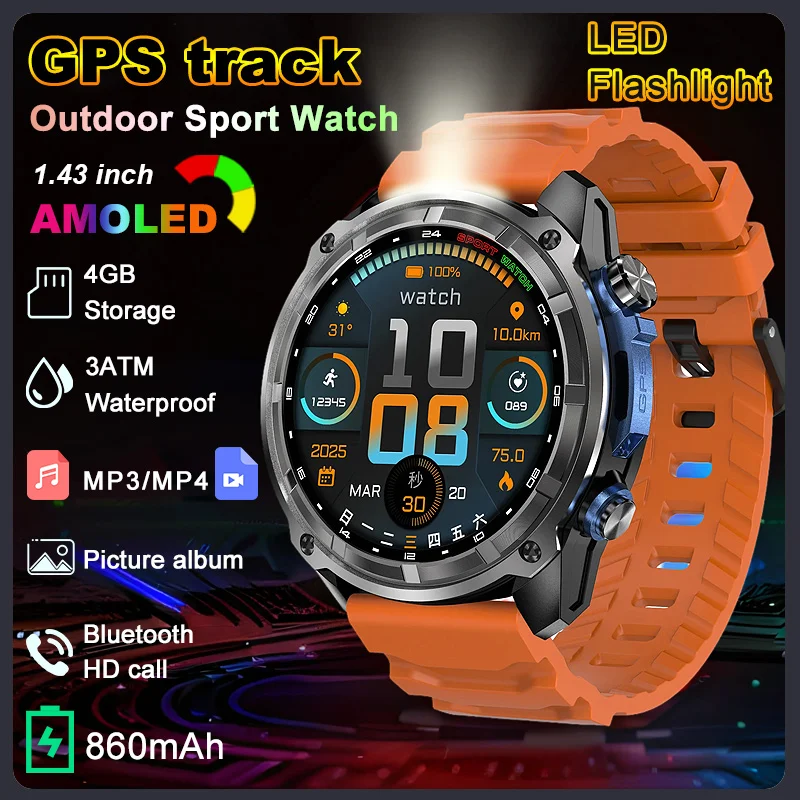 New 860mAh Battery Smart Watch 1.43 Inch AMOLED Screen Men Outdoorsports Watch 3ATM Waterproof Bluetooth Call Sports Smartwatch