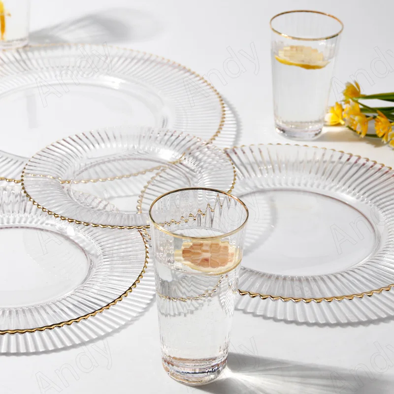 Golden Stroke Glass Plate Transparent Stripe Embossed Decorative Home Fruit Salad Plates Western Restaurant Table Top Steak Dish