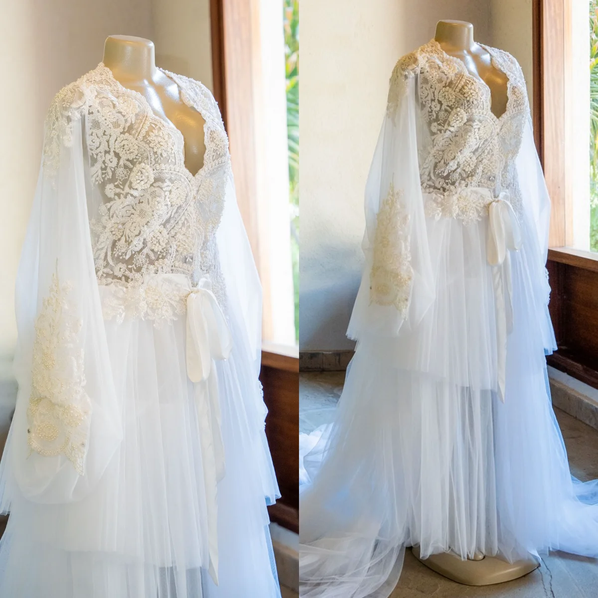 Beading Lace Wedding Robe Maxi Bathrobe Lingerie Women Gowns Customized Pajamas Photo Shoot Birthday Bride Boho Party Sleepwear
