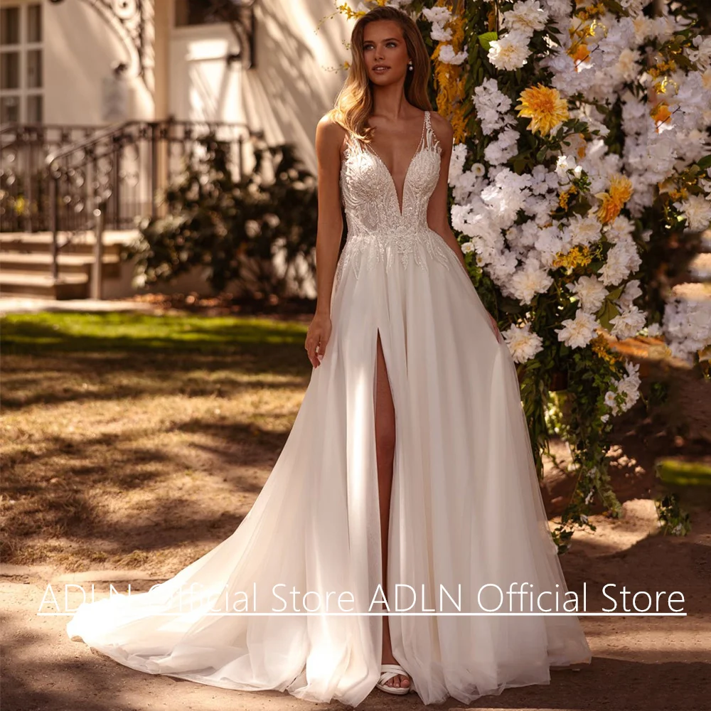 Sexy Hochzeitskleid Vestido De Noiva Maßgeschneidertes V-Ausschnitt, ärmellos, Perlenapplikation, rückenfrei, geteilt, A-Linie, Boho-Brautkleid