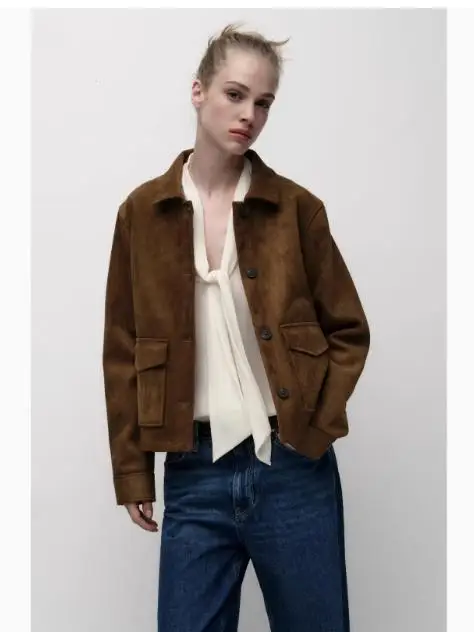 Spring Autumn 2025 Women's Faion High-End Velvet Texture Long Sve Collar Jaet Outerwear New Arrival  Collar Button up