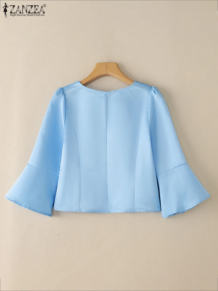 ZANZEA Moda Donna Top in raso lucido Slim-Fit Primavera Estate Manica svasata a 3/4 Blusas Mujer O-Collo Pendolarismo Camicette eleganti