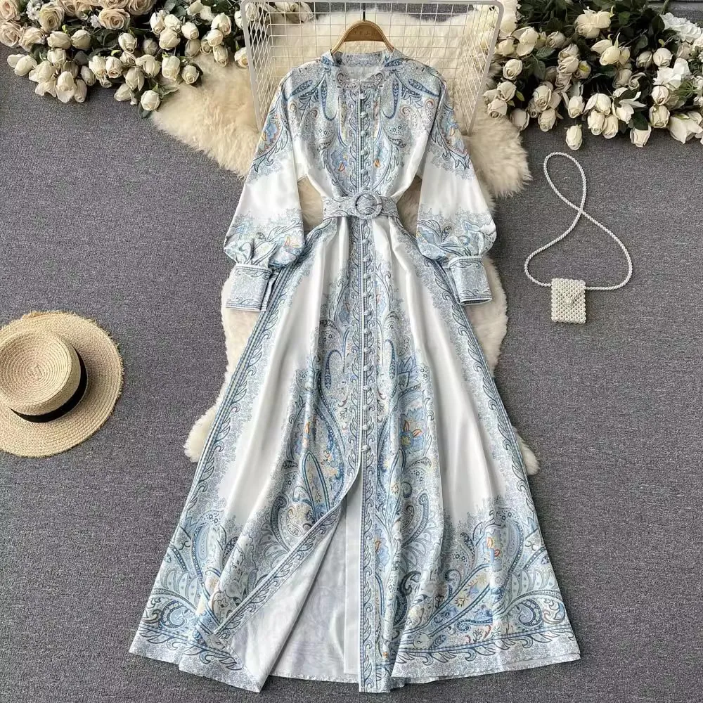 Elegant Retro Print Maxi Dress Women Spring Summer Long Lantern Sleeve Single Breasted Dresses With Belt Party Vestidos