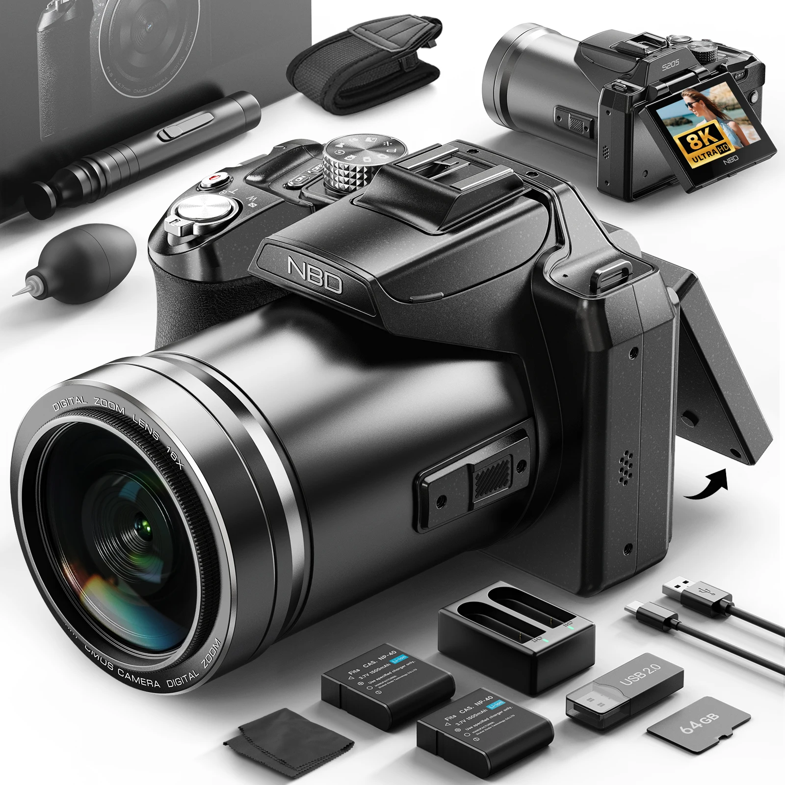 Cámara Digital NBD S205E 8K de 64MP con Zoom 16X, Pantalla Abatible, Cámara Compacta para Vlogging, YouTube, Fotografía de Viajes, CMOS de 1/2'', Regalo