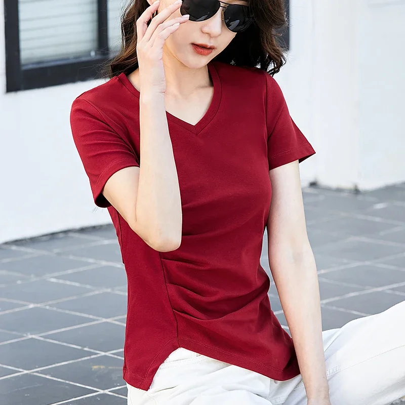 

Summer New V-neck Pleated Irregular Hem Top Short-sleeved Slim Cotton Solid Color Fashionable Comfortable Women's T-shirt