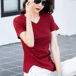 Summer New V-neck Pleated Irregular Hem Top Short-sleeved Slim Cotton Solid Color Fashionable Comfortable Women's T-shirt