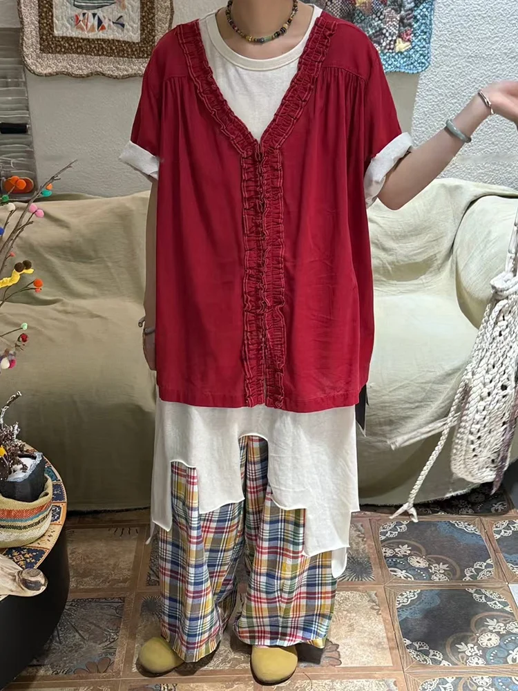 

Summer Cotton Blend Ruffle Trim V-Neck Short Sleeve Top for plus Size Women Casual Style Comfortable Fit Red White Floral Print