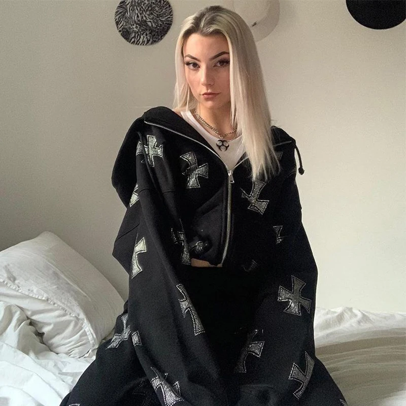 Gothic Rhinestone Streetwear Long Sleeve White Zip Hoodie Hip Hop Joggers Sweatshirt Korean Fashion Punk Oversized Pullover Y2k