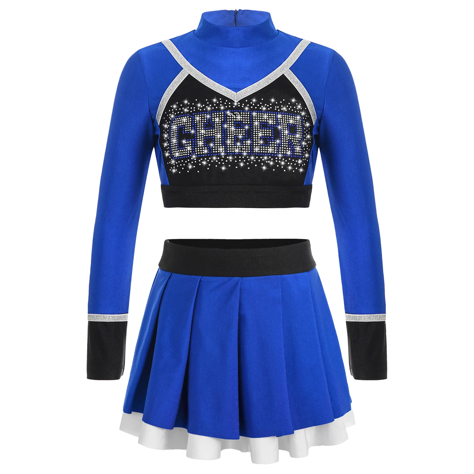 

Kids School Girls Cheerleading Gymnastics Performance Costume Cheerleader Uniform Long Sleeve Rhinestone Crop Top with Skirts