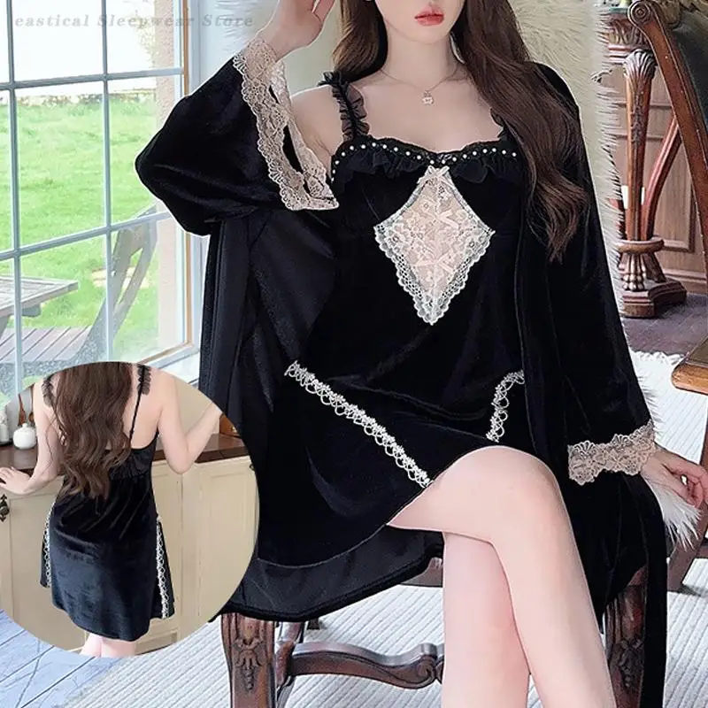 

New Velvet Women Nighty&Robe Nightgown Set Sexy Hollow Out Lace Lingerie Nightdress Home Clothes Autumn Winter Velour Sleepwear