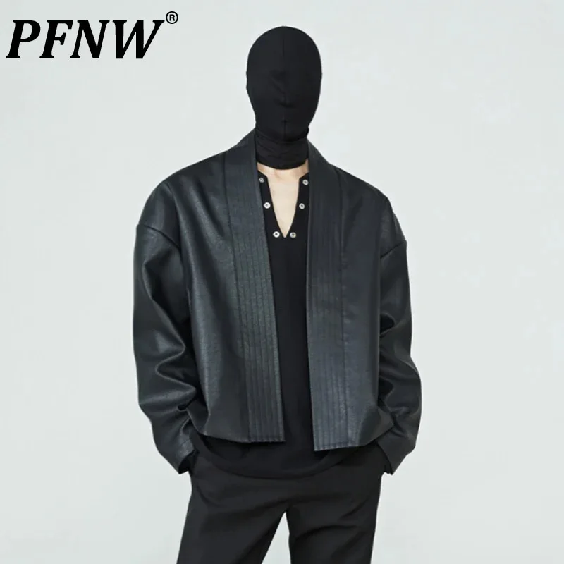 PFNW Men\'s Collarless Leather Jackets Loose Long Sleeve Clothing 2024 New Trendy Versatile Dark Style Personality Coat 12C174