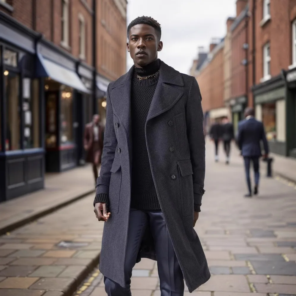

Autumn Winter New Fashion Men’s Solid Color Casual Business Trendy Double-breasted Long Sleeve Turn-down Collar Wool Blends Male