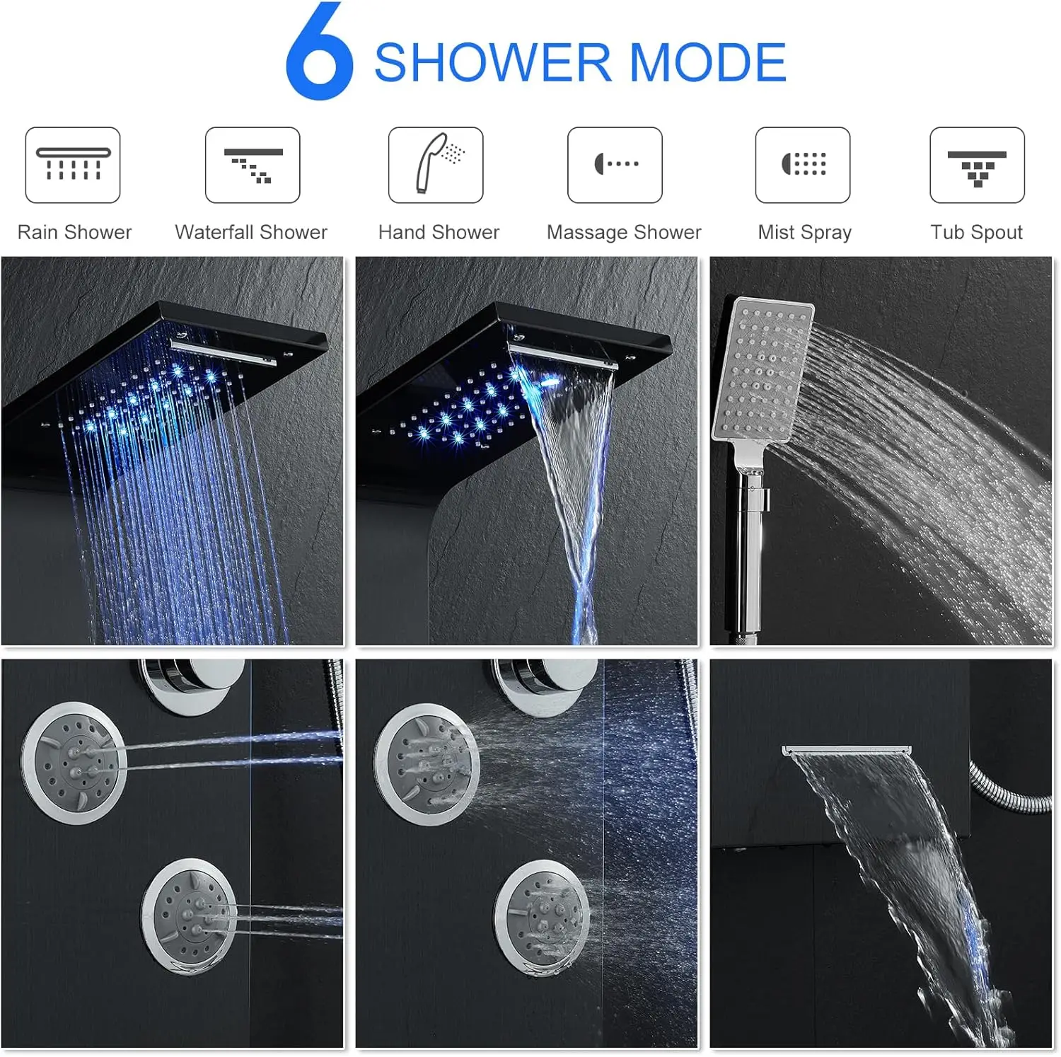 Shower Tower System with Hydroelectricity LED Lights and Display, 5 in 1 Shower Tower with Rainfall & Waterfall Shower Head