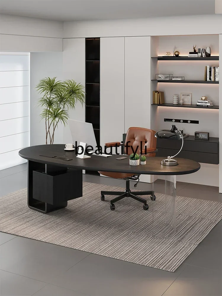 

Minimalist solid wood creative computer desk curved black desk simple desk
