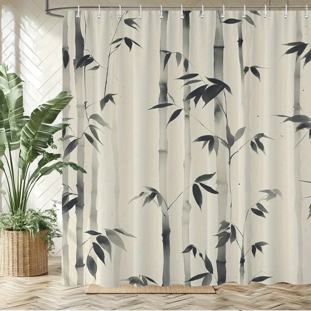 

Elegant Bamboo Ink Wash Shower Curtain with Hooks 2D Flat Print Black Gray on Beige Background Polyester Machine Washable