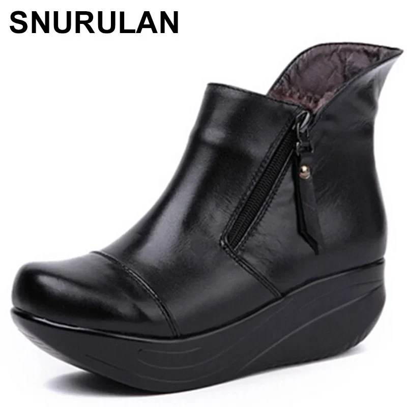 

SNURULAN Vintage Zipper Women Boots Black Genuine Leather Wedges Swing Shoes Warm Plush Winter Shoes Round Toe Platform Shoes