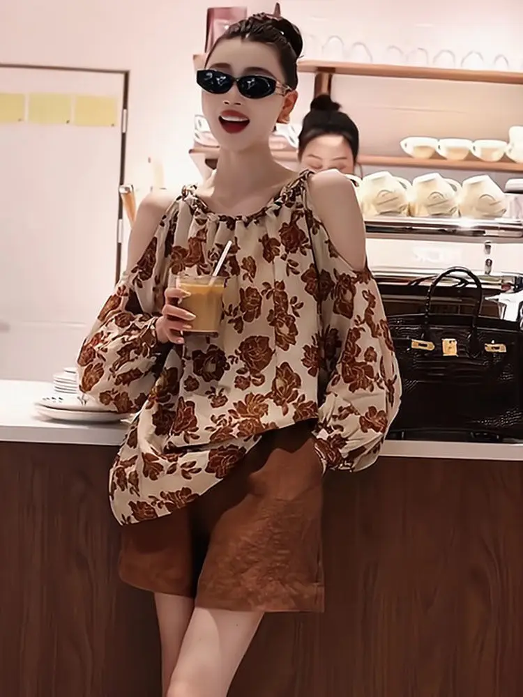 

Women's Short Sets 2 Pieces Off The Shoulders Female Shorts Floral Khaki Ensembles New Features of Matching Trends Full Casual