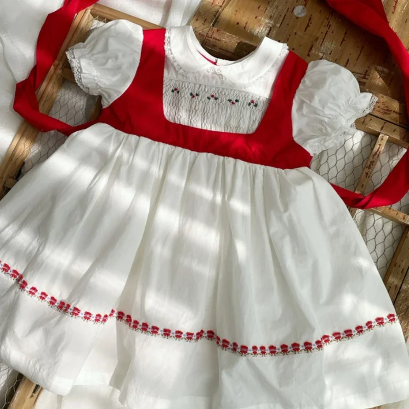 Summer New Kids Vintage Red and White Color Smocking Hand-embroidered Girls' Dress Flower Girls Sweet Boutique Party Dress