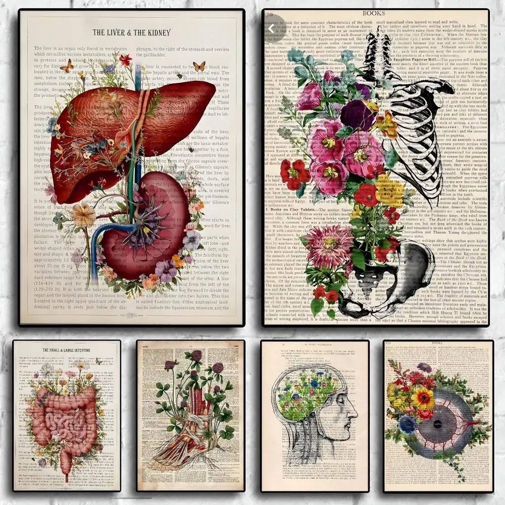 art Human Anatomy with Flowers Poster Wall Posters Art Print HD Print Self-Adhesive Waterproof Wall Stickers Room Decoration
