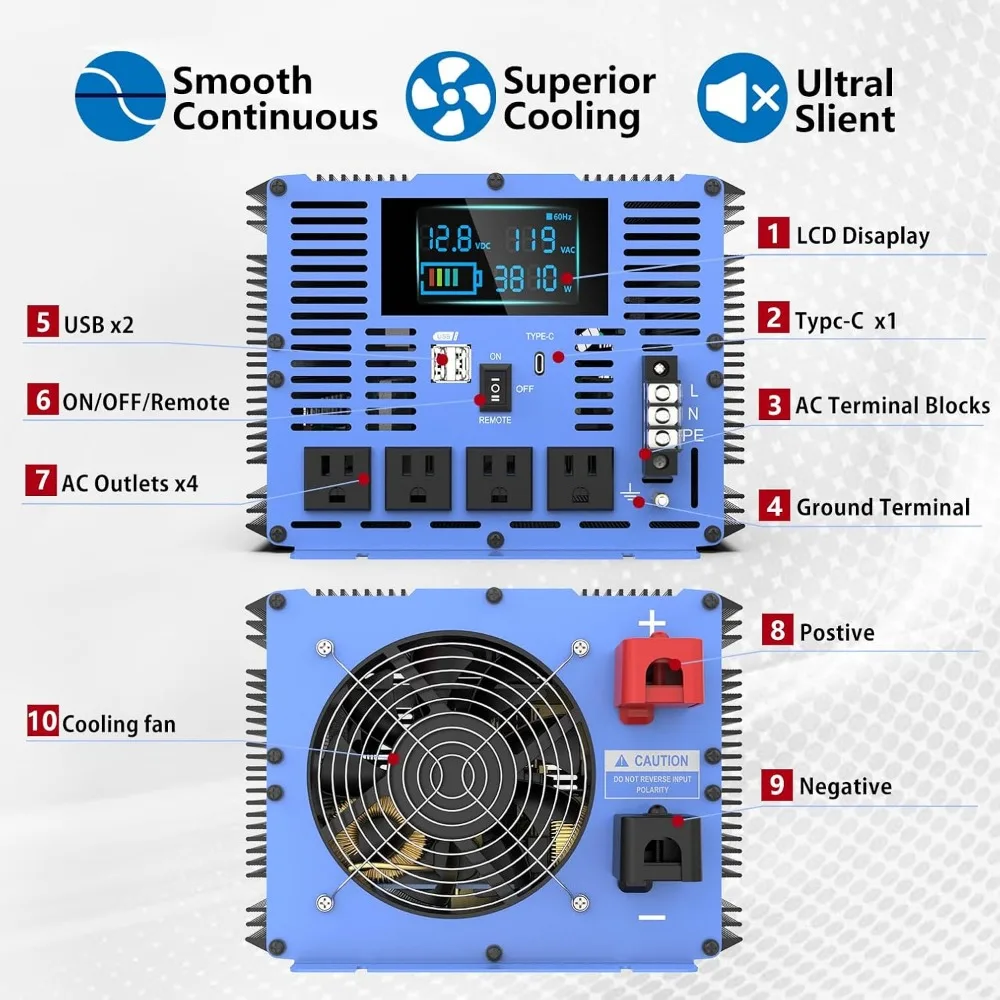 Pure Sine Wave Power Inverters DC 12V to AC 110V 120V with Type-C 4 AC Outlets Dual USB Ports Terminal Blocks