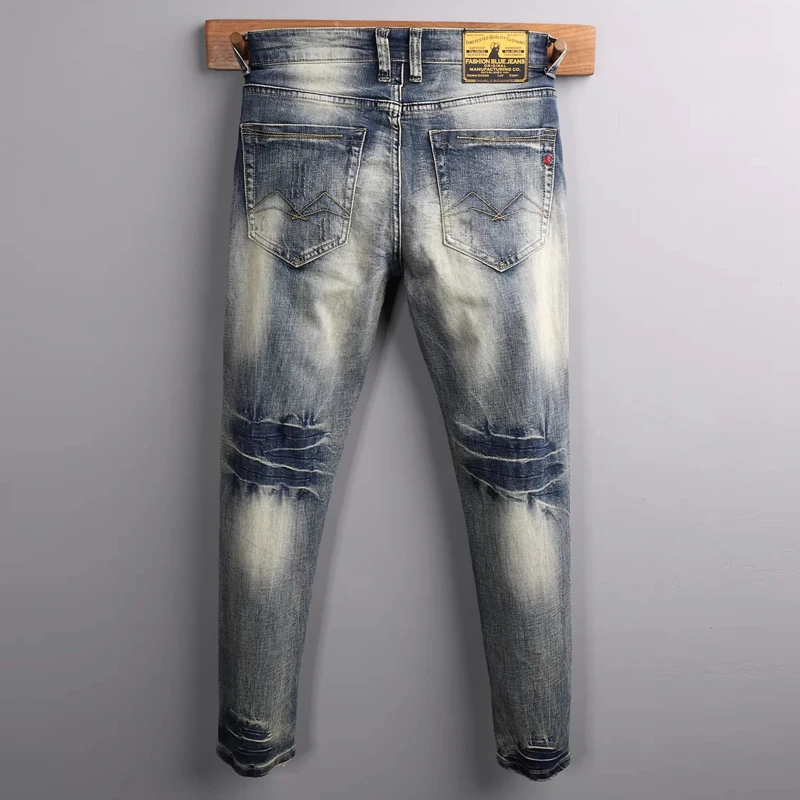 y2kDesigner Fashion Designer Men's Jeans Wrinkled Water Washed Blue Elastic Slimming High Quality Straight leg Pants Hombre