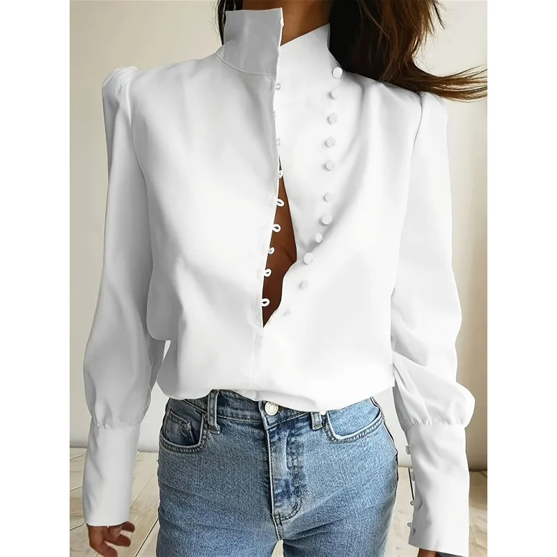 

Chinese Collar Shirt Stand up Collar Traditional Style Women's Fashionable Shirt Not Easy to Deform Spring Season Apparel