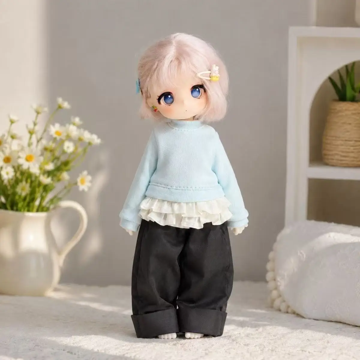 1/6 Scale BJD Doll Clothes Long Sleeve Cute Blue Knitted Top & Pants Outfit Set for 22-24cm Miniature Dolls Winter Casual Style