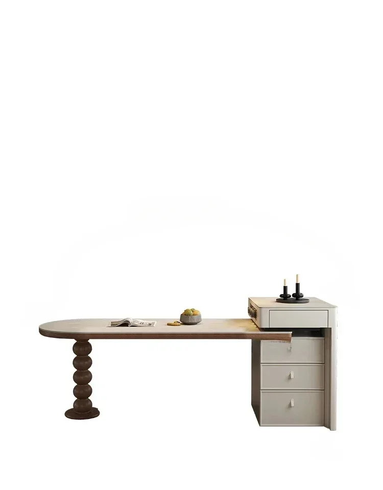 French-Style Retractable Kitchen Island Dining Table Integrated Retro Arc Mid-Kitchen Island Stone Plate Dining Table and Chair
