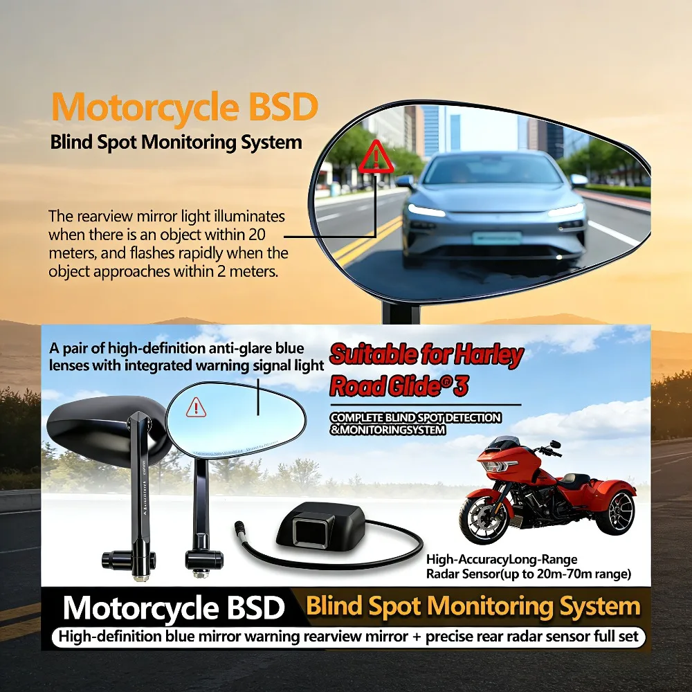 

2026 Для Harley-Davidson Trike: радарный зеркальный элемент BSD для обнаружения слепых зон, антибликовая линза, комплект задних датчиков, аксессуар для круизной модели.