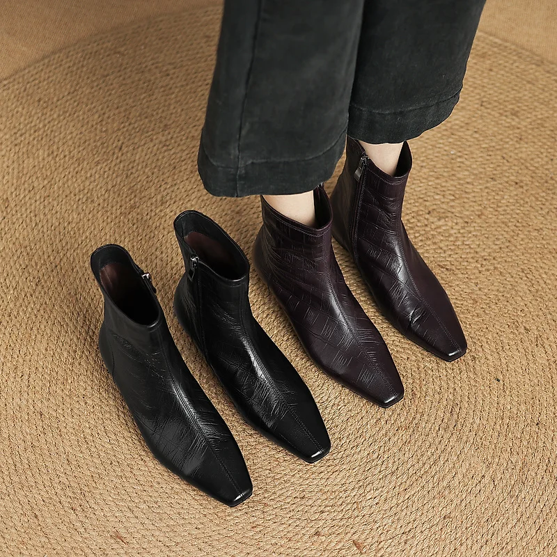 2026 new autumn winter women ankle boots natural leather 22-25cm sheepskin+pigskin/plush square toe side zip women short boots