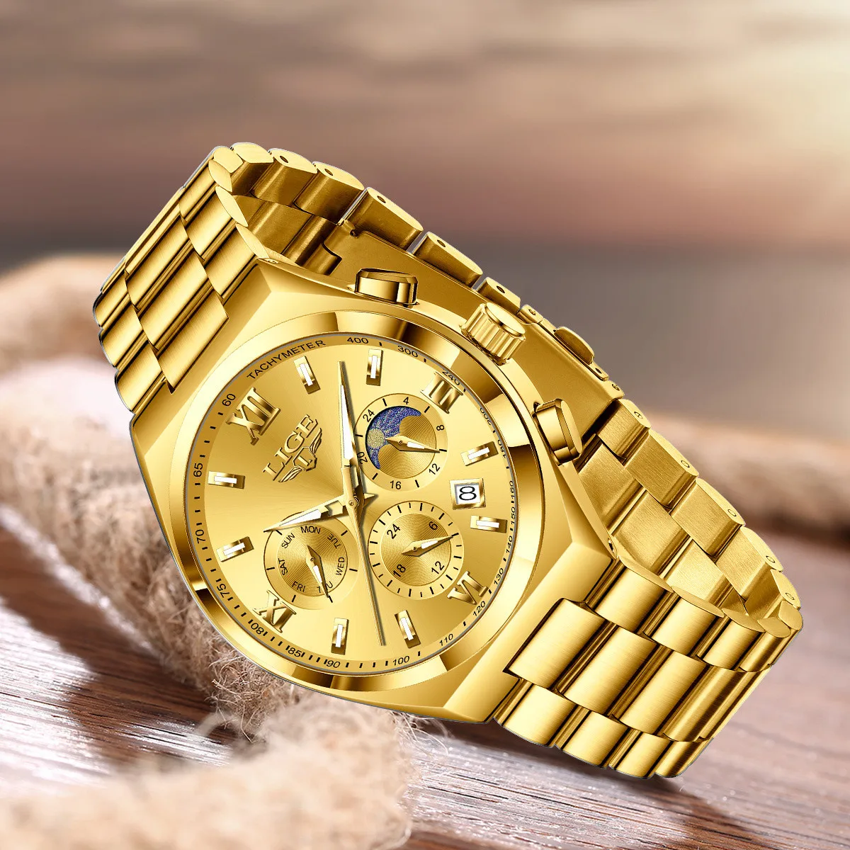 LIGE Luxury Man Watch Waterproof Calendar Business Quartz Wristwatch Fashion Moon Phase Gold Stainless Steel Men Watches Clock