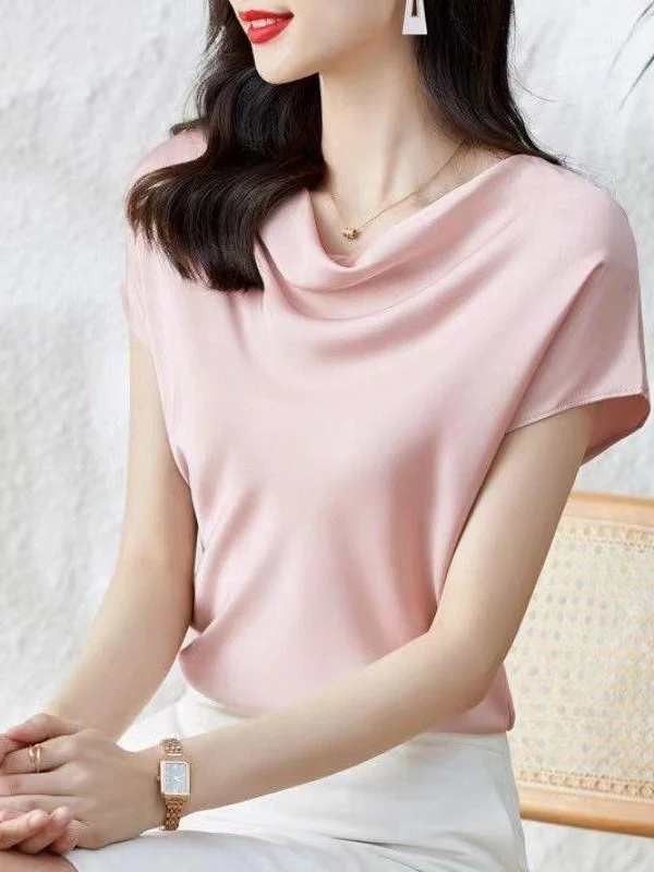 

Ele French Sle Satin oulder Silk Top for Women Summer ort Sve Commute Sle Wool 00% Fabric Ladies T-irt