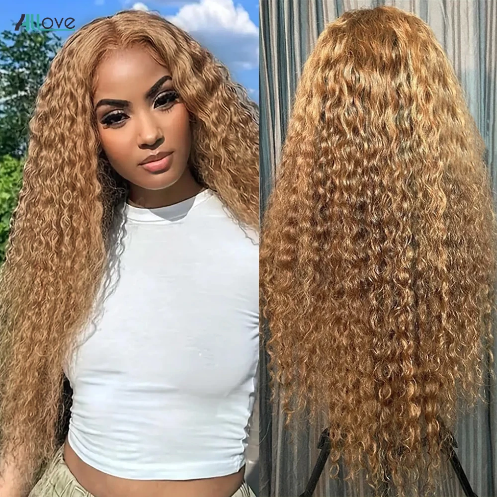 Allove Honey Blonde Deep Wave Wig 13x4 13x6 Transparent Lace Frontal Wigs For Women 27# Brown Colored Remy Human Curly Hair Wigs