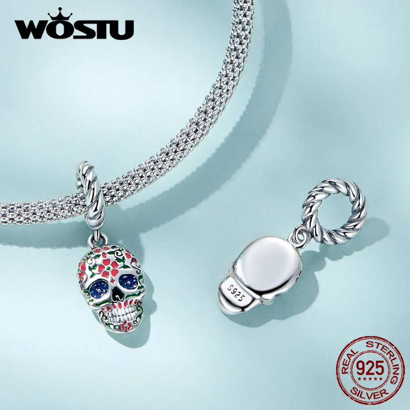 Wostu 925 Sterling Silver Skull Pendants Halloween Bold Enamel Face Beads Fit Original Bracelet Charms Jewelry Making DIY Gift