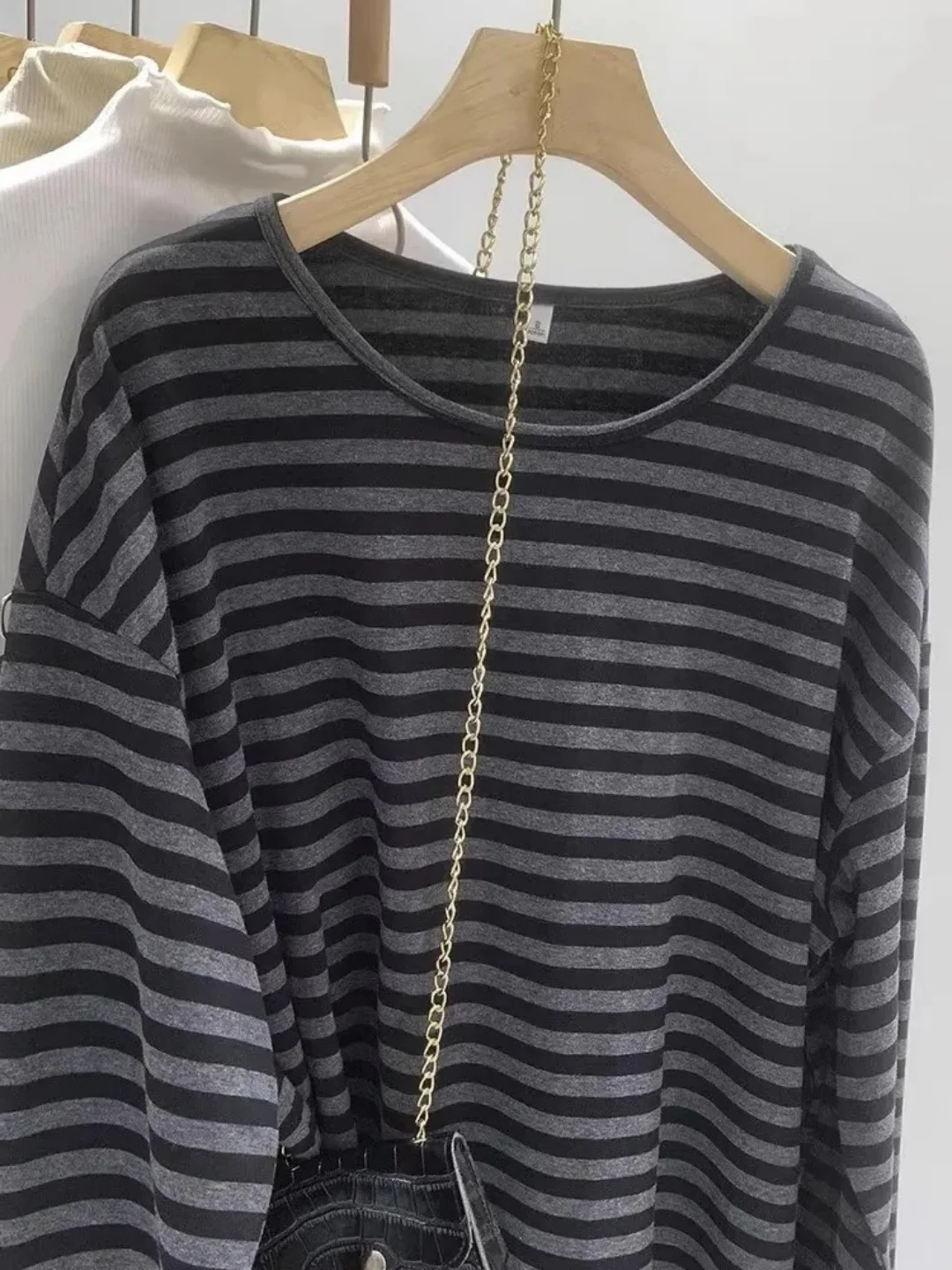 plus Size Korean Style Striped Long Sleeve T-Shirt Women's round Neck Base Shirt Autumn Winter New Style Overhead Top