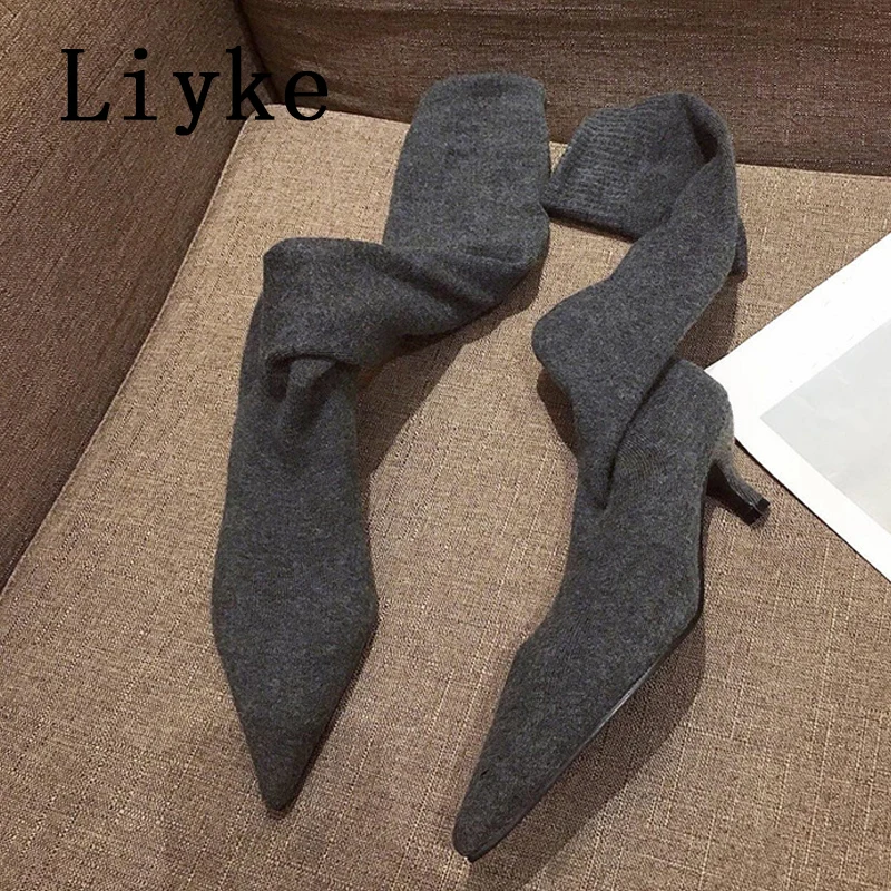 Liyke New Fashion Pointed Toe Thigh High Sock Boots Women Knitting Stretch Fabric Casual Low Thin Heels Over The Knee Shoes Gray