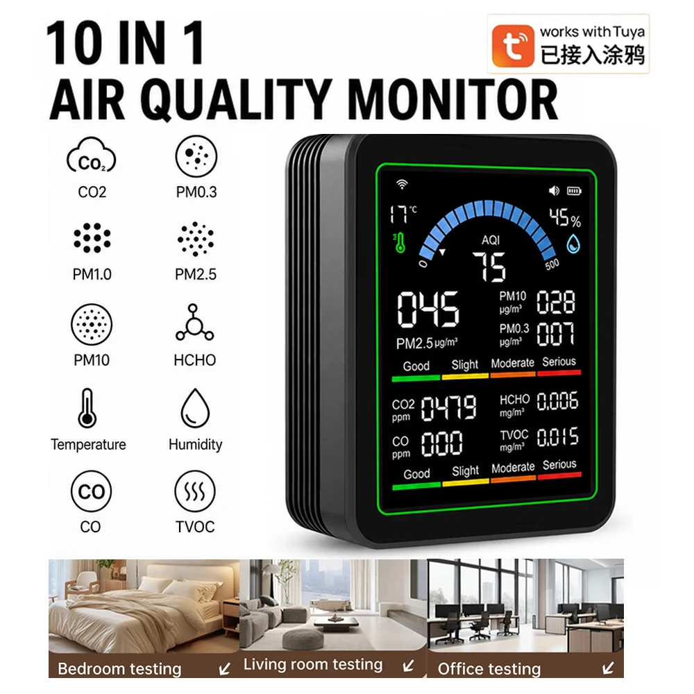 10-in-1 Smart Air Quality Monitor CO2 CO Tester TVOC HCHO PM Formaldehyde Detector Temperature Humidity Meter with WiFi /No WiFi