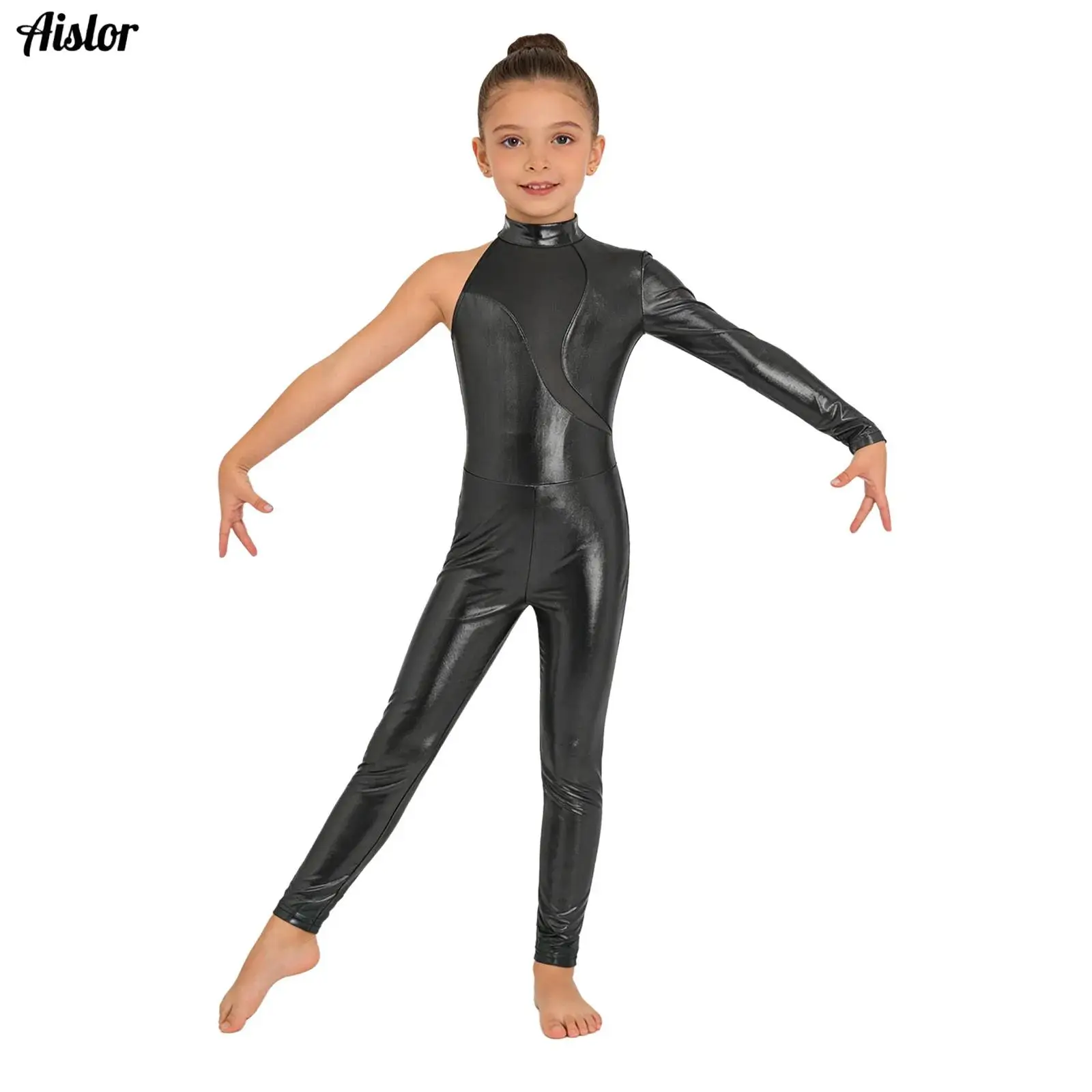 Girls Shiny Metallic Mock Neck Unitard Mesh Patchwork Zipper Back One Piece Ballet Dance Bodysuit Costume Kids Ballerina Class