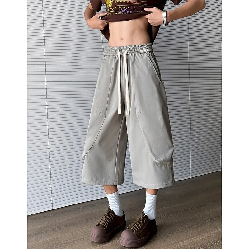 Summer Casual Pants Men Straight Wide Leg Pants Mens Japanese Streetwear Hip-hop Loose Cropped Trousers Man Plus Size 4XL